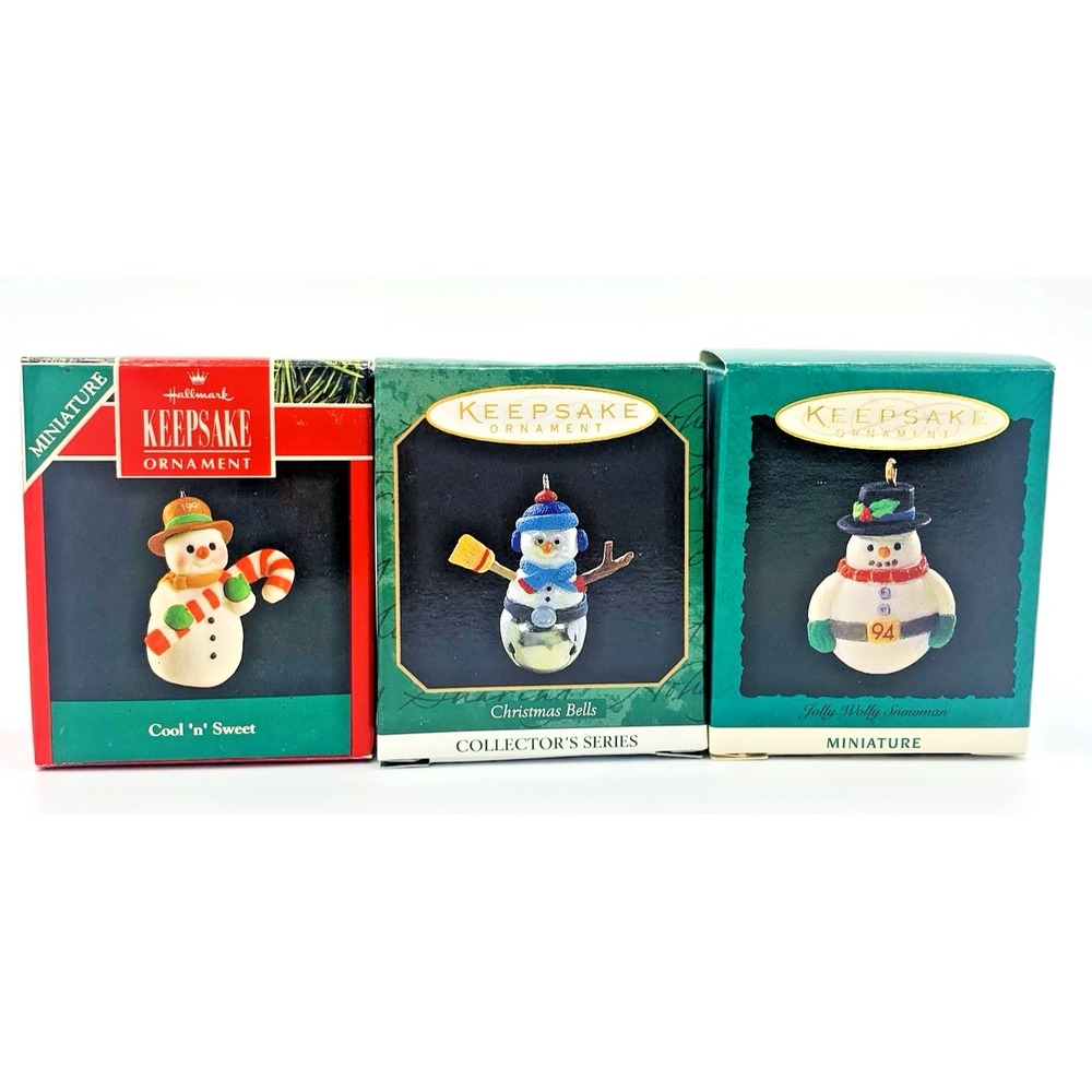 3 Hallmark Miniature Snowman Ornaments Christmas Bells-Jolly Wolly-Cool-n-Sweet‎